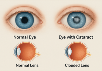 Graphic of eyes with Cataract before and after surgery